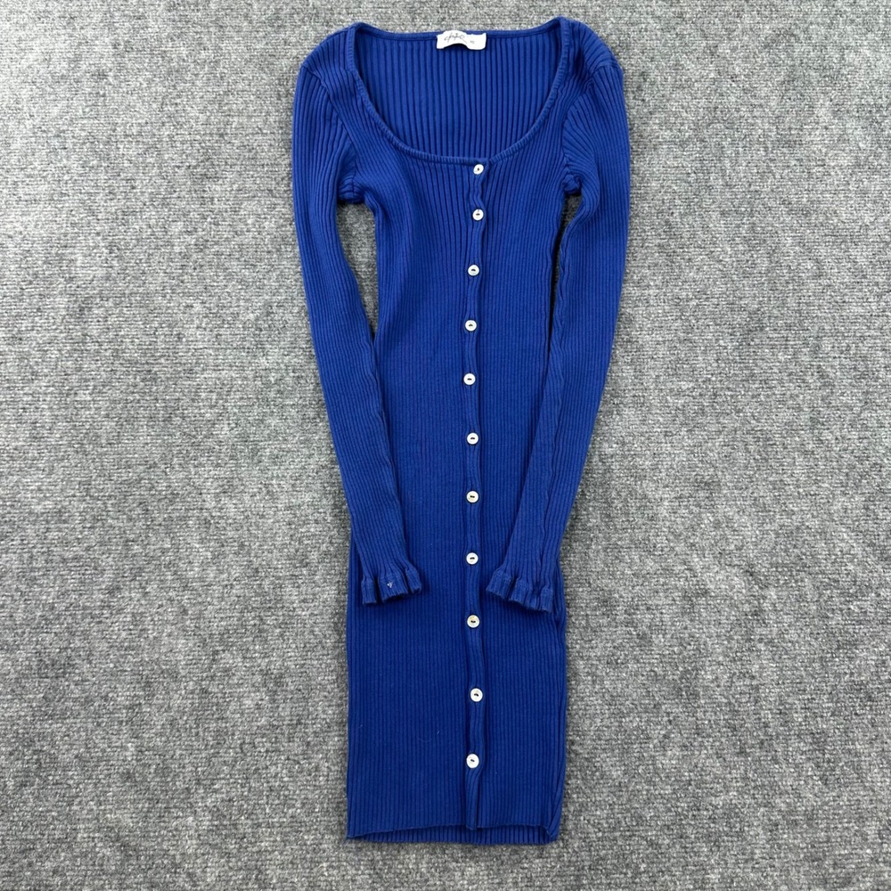 Castro Mini Dress XS Blue Ribbed Long Sleeve Button Front Bodycon Women